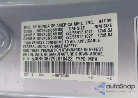 2009 Honda Cr-V Ex-L из США, поврежденный, VIN 5J6RE38729L018422